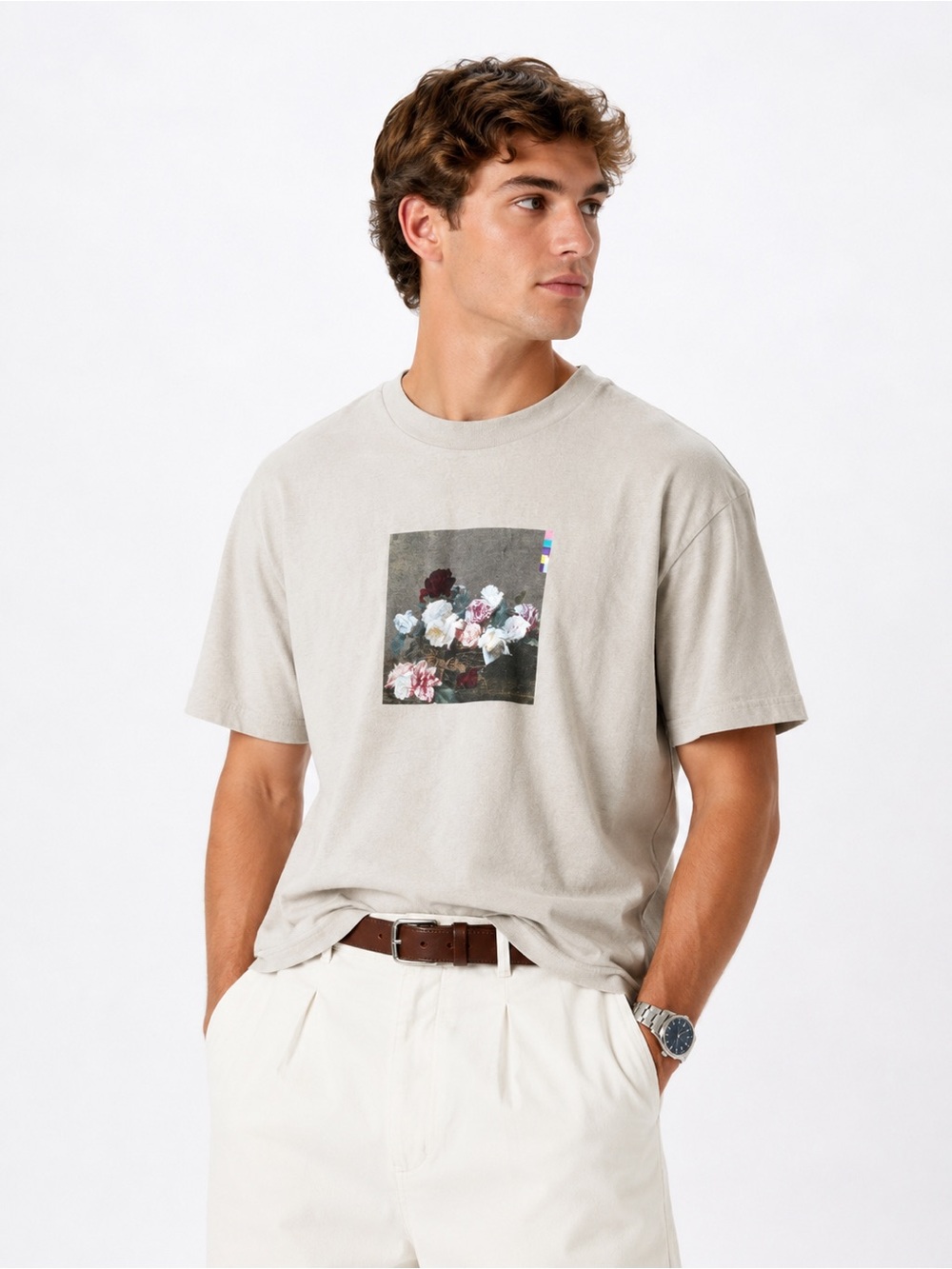 American Eagle Outfitters Beige Short-Sleeve Floral Graphic Tee- XS Boxy Fit
